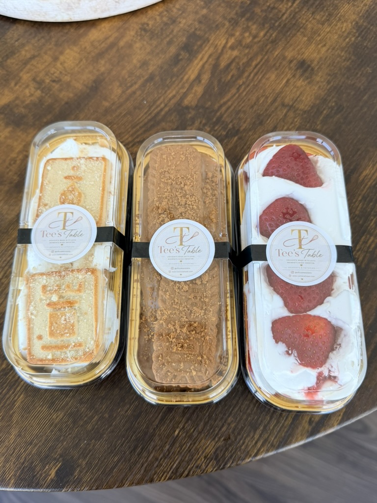 Trio of Tee's Table mini desserts — banana pudding, Biscoff, and strawberry cheesecake