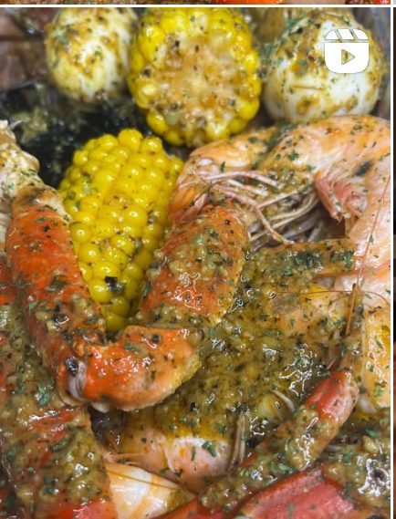 Seafood boil with shrimp, crab, and corn
